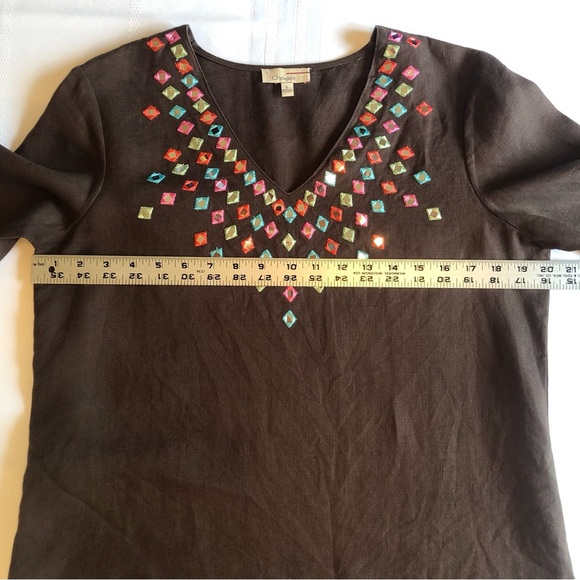 Choices Brown Linen Embellished 3/4 Sleeve Tunic Size S - Picture 6 of 9